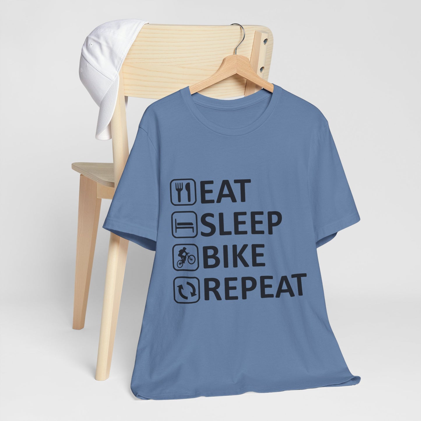 Eat Sleep Bike Repeat - Unisex Jersey Tee, Funny Cycling Shirt, Gift for Cyclists, Casual Wear, Bike Lover's Tee, Sports Enthusiast Top