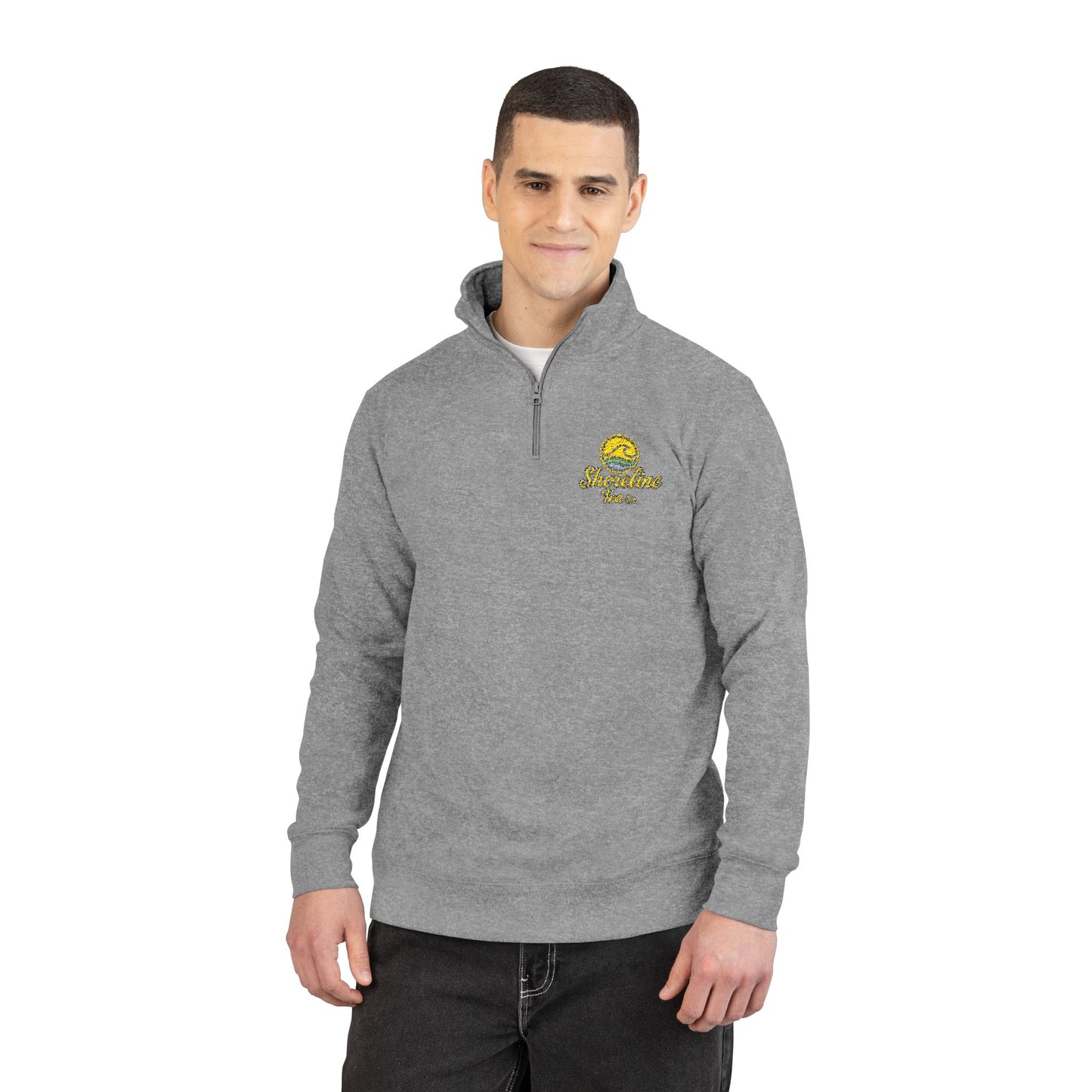 Embroidered Shoreline Tea Co Fleece Pullover — Cozy Floral Quarter-Zip Sweatshirt
