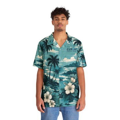 CURENT Men's Hawaiian Shirt - Teal Beach Floral Aloha Button-Up