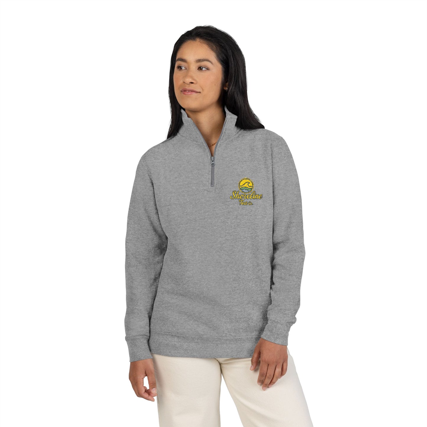 Embroidered Shoreline Tea Co Fleece Pullover — Cozy Floral Quarter-Zip Sweatshirt