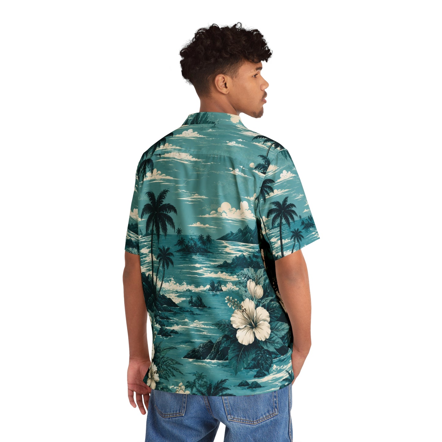 CURENT Men's Hawaiian Shirt - Teal Beach Floral Aloha Button-Up