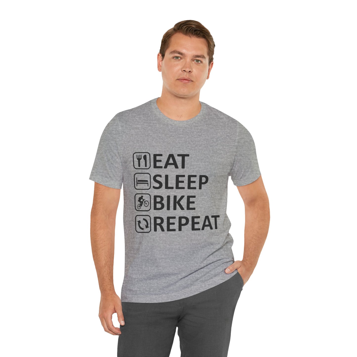 Eat Sleep Bike Repeat - Unisex Jersey Tee, Funny Cycling Shirt, Gift for Cyclists, Casual Wear, Bike Lover's Tee, Sports Enthusiast Top