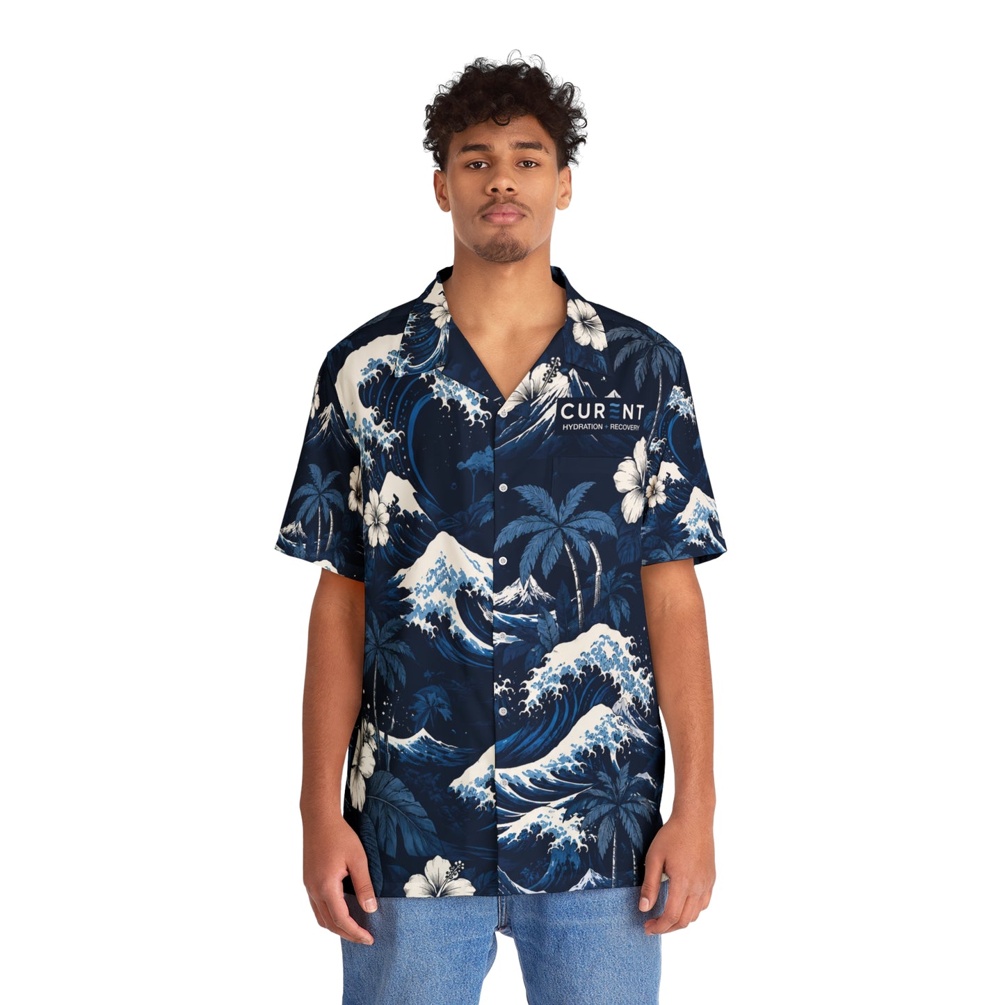 CURENT Men's Hawaiian Shirt - Navy Wave Floral Aloha Button-Up