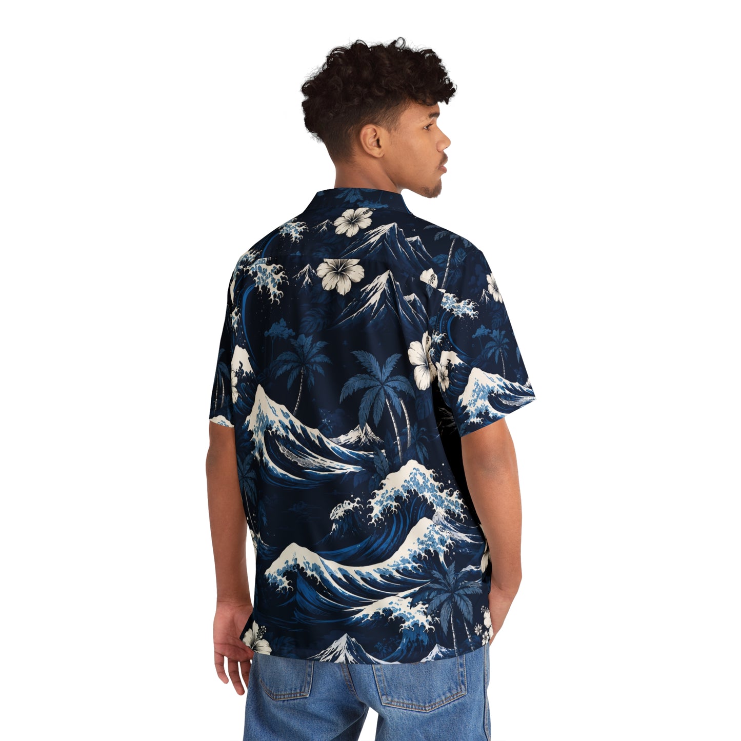 CURENT Men's Hawaiian Shirt - Navy Wave Floral Aloha Button-Up