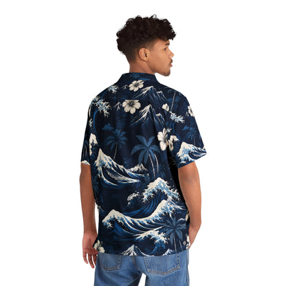 CURENT Men's Hawaiian Shirt - Navy Wave Floral Aloha Button-Up
