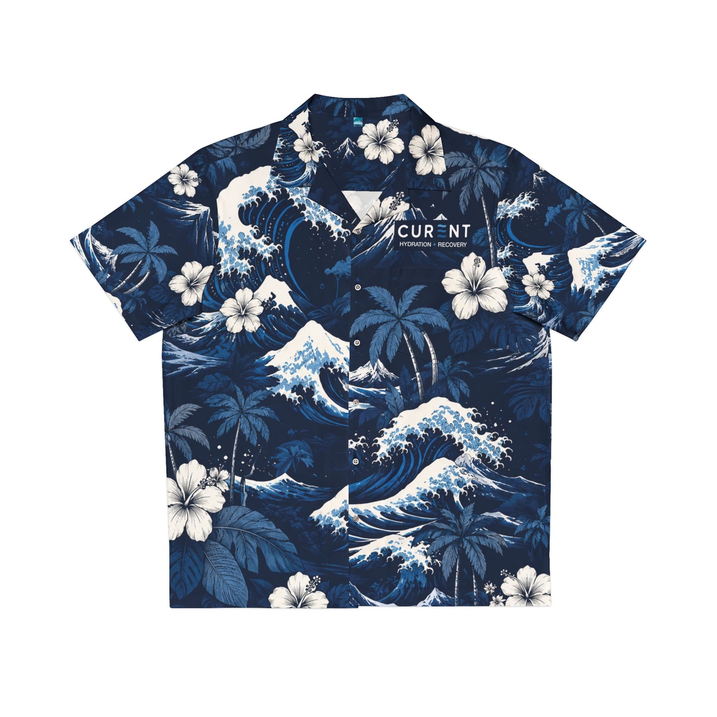 CURENT Men's Hawaiian Shirt - Navy Wave Floral Aloha Button-Up