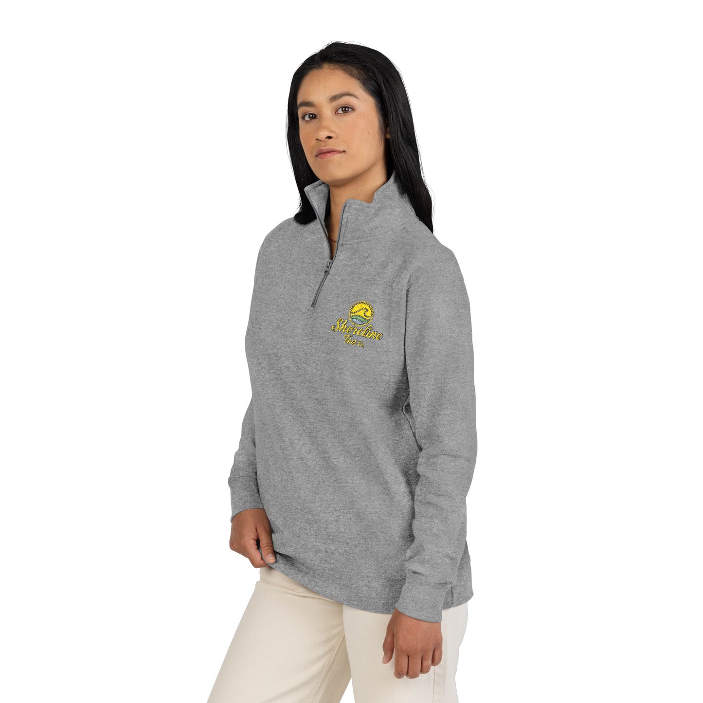 Embroidered Shoreline Tea Co Fleece Pullover — Cozy Floral Quarter-Zip Sweatshirt